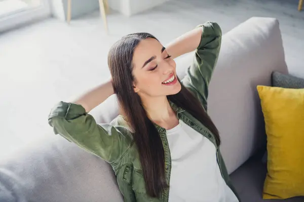 Photo Pretty Young Woman Sit Couch Closed Eyes Wear Shirt — Stock Photo, Image