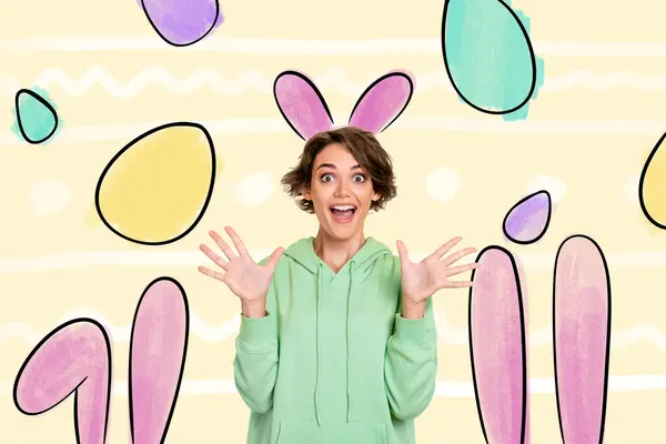 Composite Photo Collage Smile Pretty Girl Bunny Ears Easter Egg — Stock Photo, Image