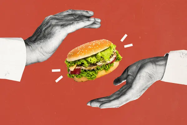 Composite Photo Collage Two Hands Want Buy Cheeseburger American Food — Stock Photo, Image