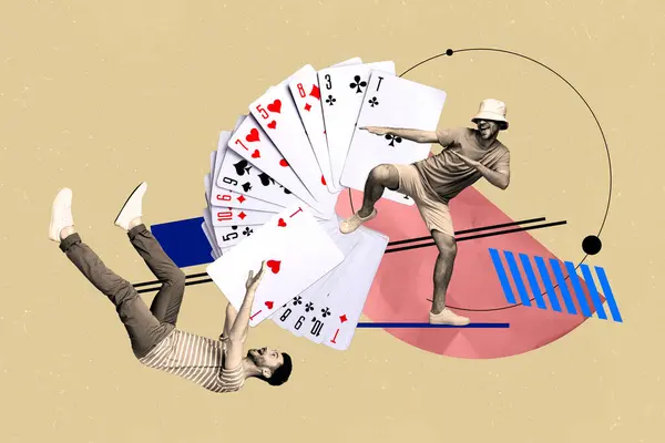 Kreativ Bild Collage Jung Glücklich Energetisch Mann Casino Karten Kombination Stockbild