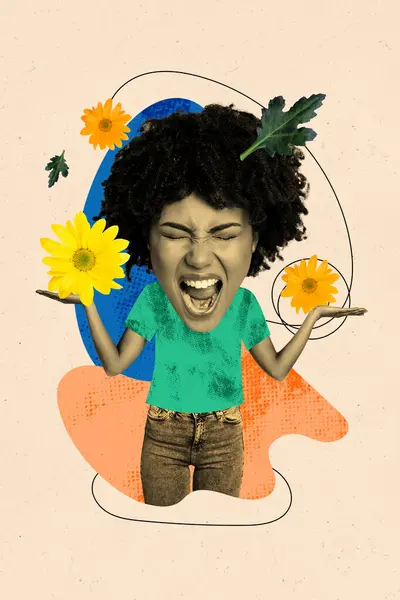 生气的美国女孩尖叫侵犯的垂直照片拼贴使花朵花匠多次下令将春天隔离在漆成的背景下 图库图片