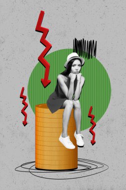 Vertical photo collage of sad girl sit arrow down problem bankrupt coin decline inflation risk mistake isolated on painted background. clipart