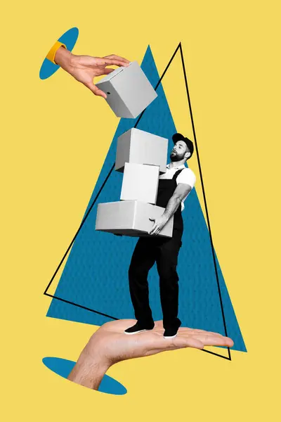Trend Artwork Collage Composito Giovane Corriere Personale Stand Enorme Mano — Foto Stock