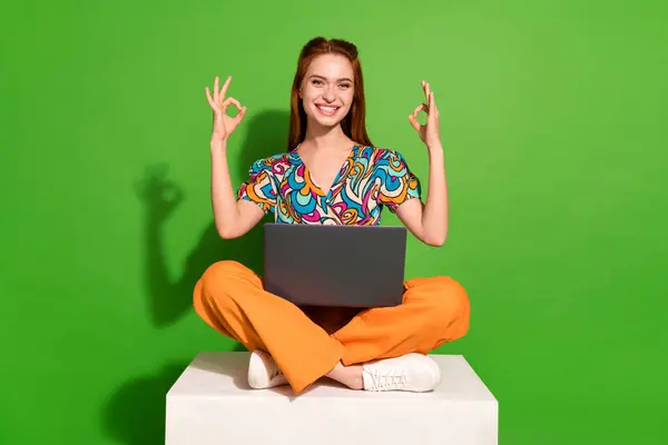 漂亮姑娘坐在立方体上的全身人像用笔记本电脑显示出一个关键的符号 穿着与明亮的绿色背景隔离的上衣 免版税图库图片