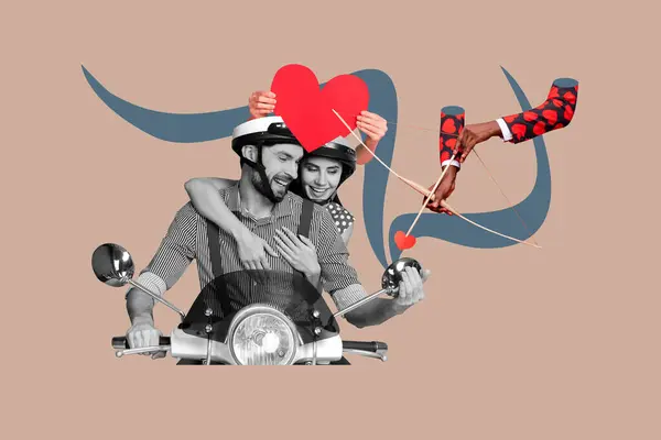 Composite Photo Collage Cheery Couple Ride Moped Enjoy Weekend Day Stok Foto Bebas Royalti