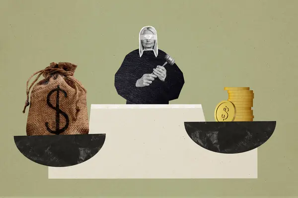 Creative Collage Jurist Golden Coins Money Millionaire Punishment Sentence Decide — Stock Photo, Image