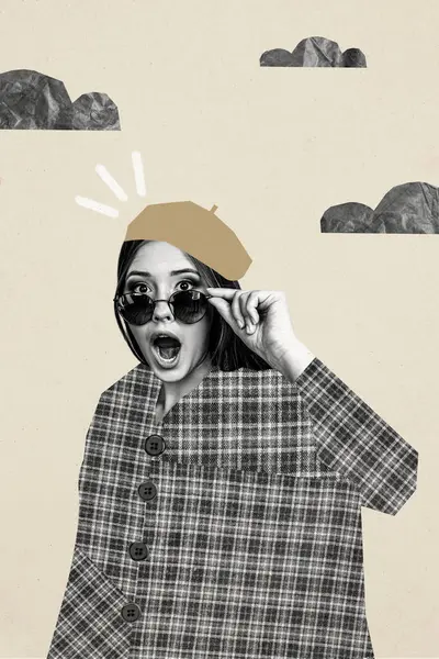 Vertical Photo Collage Astonished Shocked Girl Wear Casual Beret Coat — Stock Photo, Image