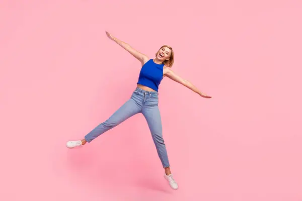 Full Size Photo Pretty Young Woman Jump Have Fun Empty — Stock Photo, Image