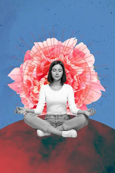 Vertical Photo Collage Minded Calm Girl Meditating Yoga Practice Retreat — Stock Photo, Image