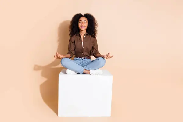 Full Length Photo Focused Peaceful Girl Wear Brown Blouse Meditating — Stock Photo, Image