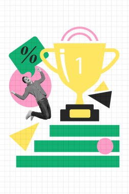 Composite trend artwork sketch 3D collage of excited winner success guy achieve victory get golden trophy first place prize discount. clipart