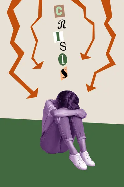 Vertical Photo Collage Upset Depressed Girl Hug Knees Arrow Problem — Stock Photo, Image