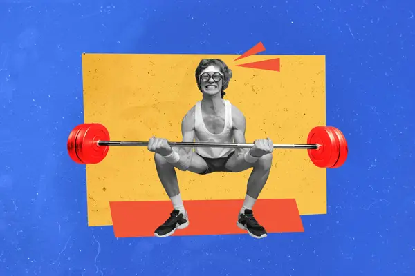 滑稽青年举重杠铃运动健美运动员广告牌漫画 Zine极小 的组合拼贴图像 — 图库照片