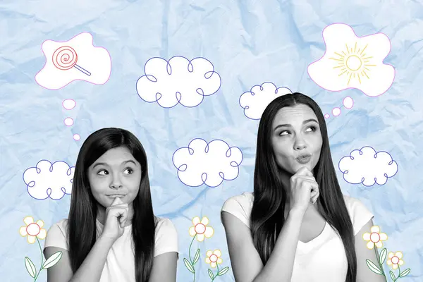 Креативный Коллаж Фотографий Двух Симпатичных Молодых Девушек Матерей Мыслящих Мыслями — стоковое фото