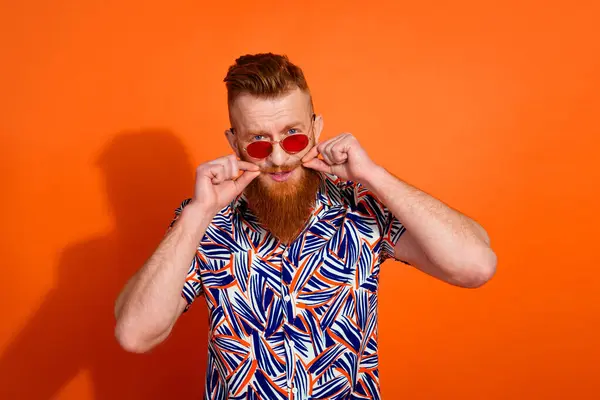 Photo Brutal Stylish Guy Red Beard Sunglass Touching Mustache Advertising — Stock Photo, Image