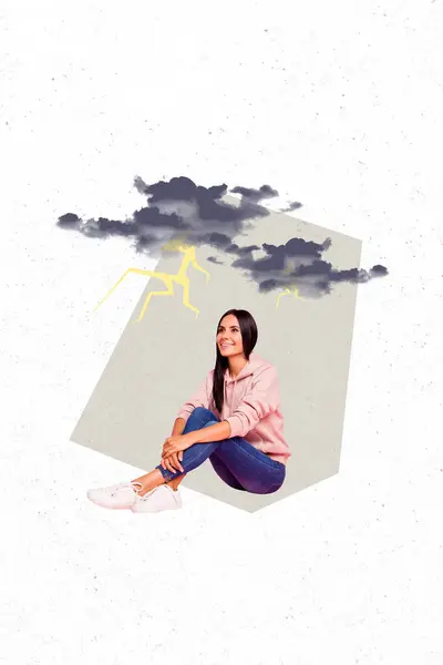Vertical Creative Image Collage Young Cheerful Girl Sitting Thunderstorm Lightning — Stock Photo, Image