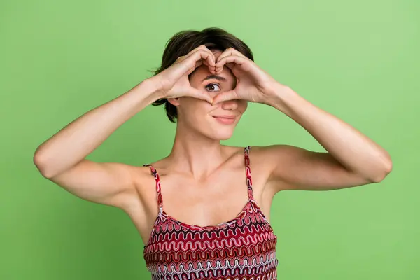 Photo Lovely Girlfriend Wear Summer Clothes Show Heart Figure Isolated — Stock Photo, Image