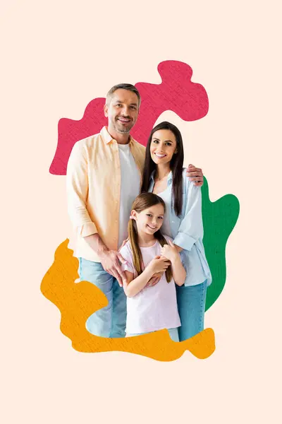 Colagem Vertical Imagem Jovem Feliz Família Despreocupado Humor Positivo Pais — Fotografia de Stock