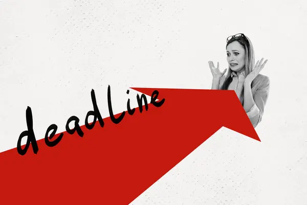 Composite Photo Collage Scared Girl Line Deadline Limit Expire Problem — Stock Photo, Image