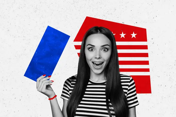 Creative Photo Collage Image Young Cheerful Woman Bulletin Voter Referendum — Stock Photo, Image