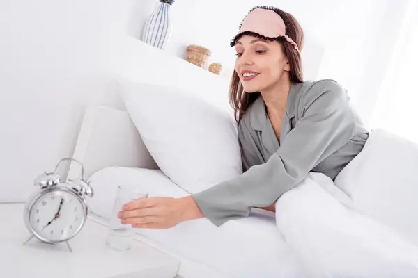 Photo Adorable Sweet Lady Wear Grey Nightwear Lying Bed Drinking — Stock Photo, Image