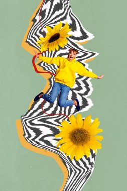 Composite trend artwork photo collage of green color black white zebra line yellow huge sunflower young lady pose amazed jump wow surprise. clipart