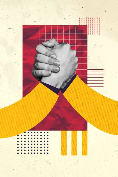 垂直的照片拼贴手握在一起人们支持手势协议成功的商业交易孤立在绘画的背景下 — 图库照片