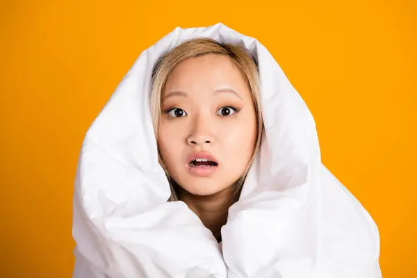 Photo Worried Nervous Lovely Woman Wrapped Warm Blanket Isolated Yellow — Stock Photo, Image
