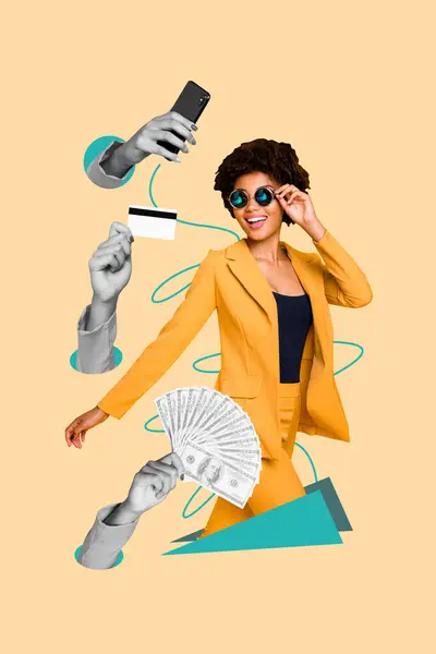 Vertical Photo Collage American Businesswoman Wear Sunglass Yellow Suit Credit Stock Image