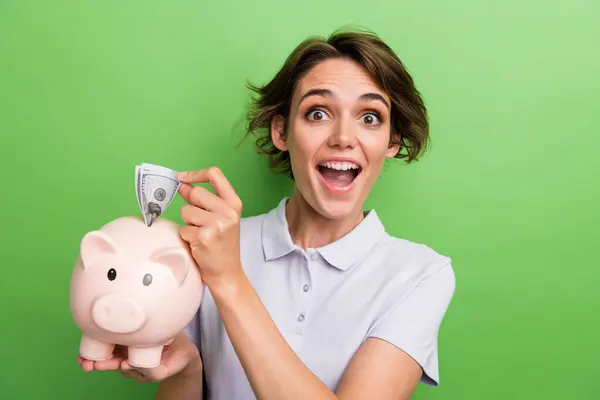 Creative Concept Business Worker Young Girl Collect Savings Put Dollar — Stock Photo, Image