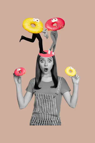 Verticale Foto Collage Van Verbaasd Meisje Houden Donut Dessert Gesneden — Stockfoto