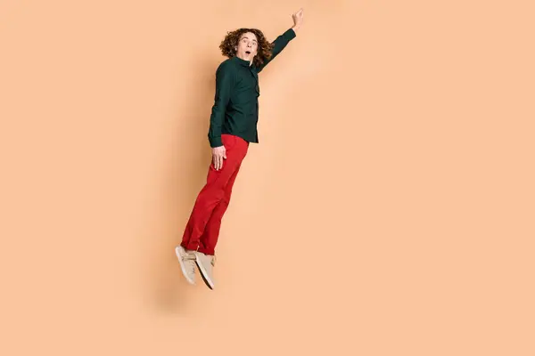 Photo Portrait Handsome Young Guy Jump Flying Superhero Dressed Stylish — Stock Photo, Image