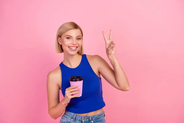 Portrait Nice Girl Hold Coffee Show Sign Wear Blue Top — Stock Photo, Image