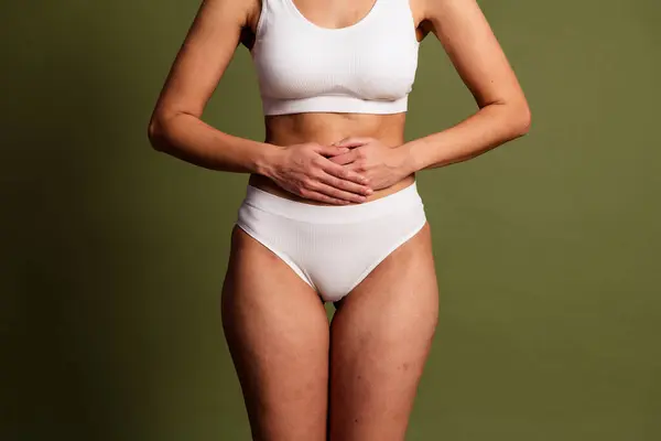 Filter Cropped Photo Lady Underwear Lingerie Having Stomach Ache Isolated — Stock Photo, Image