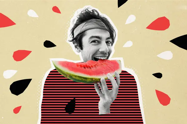 Composite Photo Collage Happy Hungry Man Eat Juicy Watermelon Berry Stock Photo
