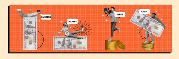 Panorama Kreative Collage Junge Leute Geld Verdienen Goldmünzen Stapeln Banknoten — Stockfoto