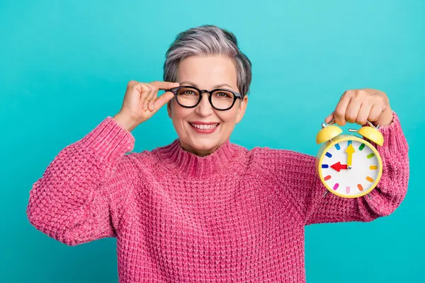 Portrait Clever Cheerful Person Wear Knit Pullover Fingers Touch Eyewear — Stock Photo, Image