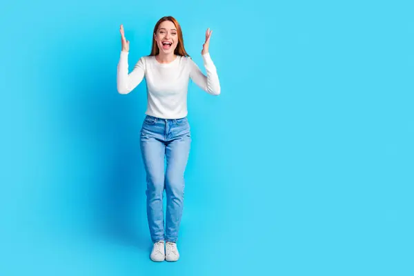 Full Body Photo Attractive Young Woman Raise Hands Amazed Dressed Stock Image