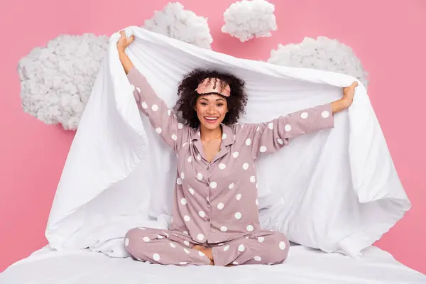 Photo Funky Carefree Lady Wear Pajama Rising Blanket Having Fun — Stock Photo, Image