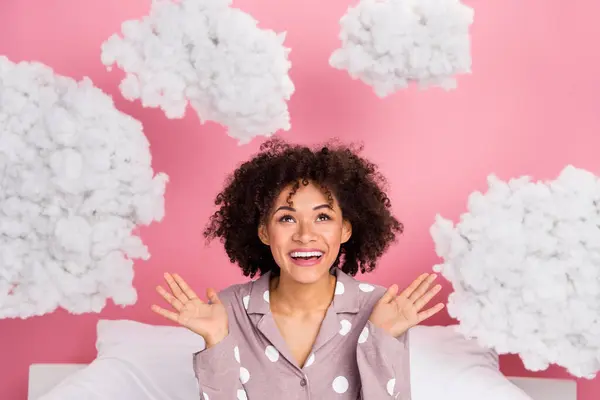 Photo Adorable Excited Lady Wear Pajama Looking Fluffy Clouds Isolated — Stock Photo, Image