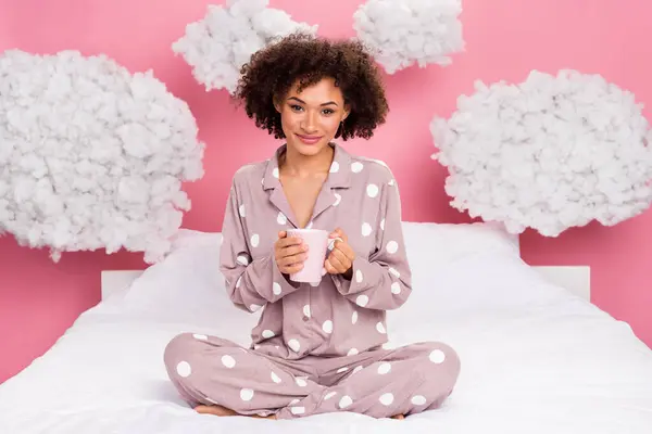 Photo Adorable Pretty Lady Wear Pajama Enjoying Morning Coffee Fluffy Stock Picture