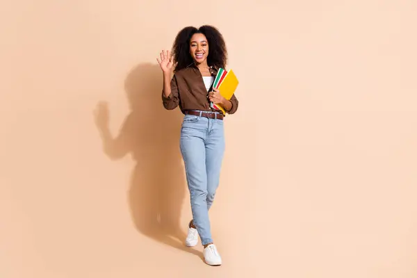 Full Length Photo Friendly Positive Girl Wear Brown Blouse Holding — Stock Photo, Image