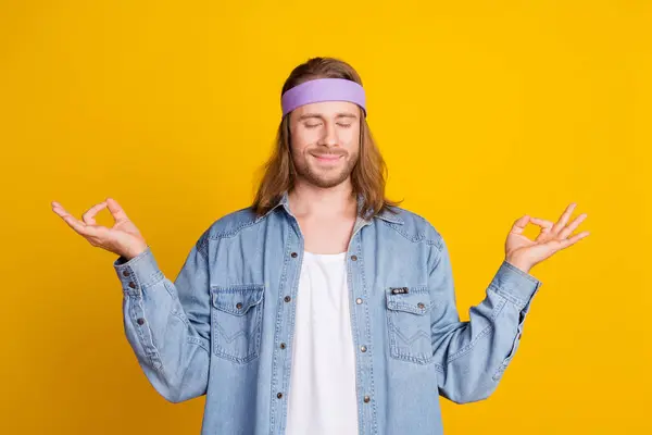 Photo Portrait Attractive Young Hippie Man Meditate Closed Eyes Wear — Stock Photo, Image