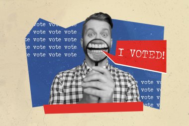 Creative abstract template collage of funky guy magnifier loupe show teeth scream i voted election campaign weird freak bizarre unusual. clipart