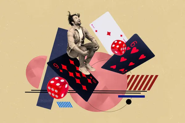 Kreatywny Kolaż Zdjęcie Młody Skaczący Człowiek Kasyno Hazard Karta Połączenie — Zdjęcie stockowe