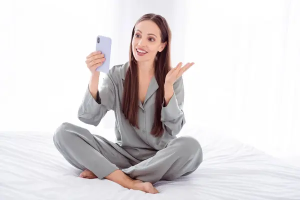 Photo Positive Sweet Lady Grey Sleepwear Video Call Modern Device — Stock Photo, Image
