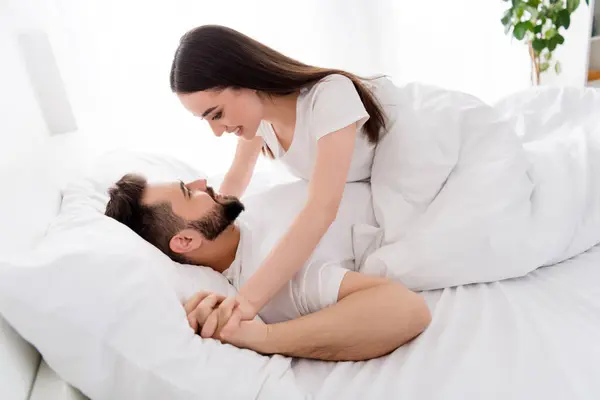 Photo Good Mood Sweet Boyfriend Girlfriend Sleepwear Hugging Smiling Indoors Stock Image