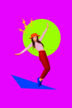 3D photo collage composite trend artwork sketch image of young confused lady fashion style funky dance bolt under head wear hat. clipart