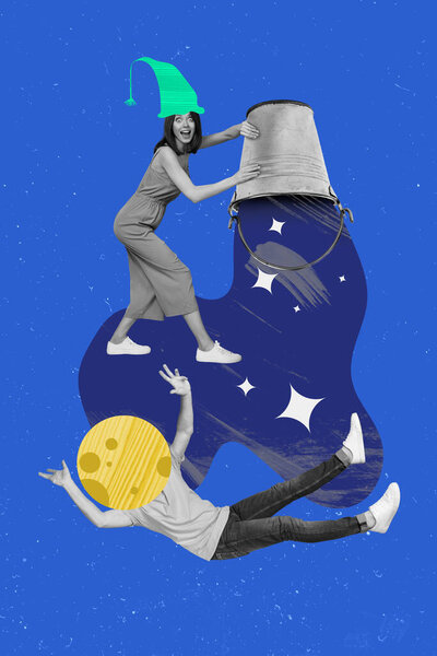 Vertical Collage Imagen Loco Freak Mujer Bruja Celebración Cubo Cayendo — Foto de Stock