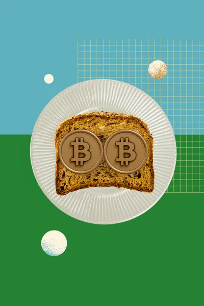 Verticale Foto Collage Van Plaat Brood Sandwich Bitcoin Geld Munt Rechtenvrije Stockafbeeldingen